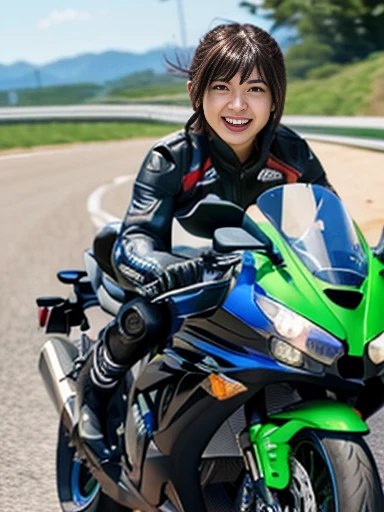 female riders, Kawasaki ZX10R, Yamaha YZF-R1, highway, speeding, from diagonal front view, speed lines and motion blur, colorful riding suits, hair flowing in the wind, police car chasing, dynamic composition, bold colors, sharp details, ((masterpiece)), ((best quality)), (ultra-detailed), ((beautiful eyes)), Japanese female, (slender), ((30 years old)), beautiful, (cheerful grin:1.3),