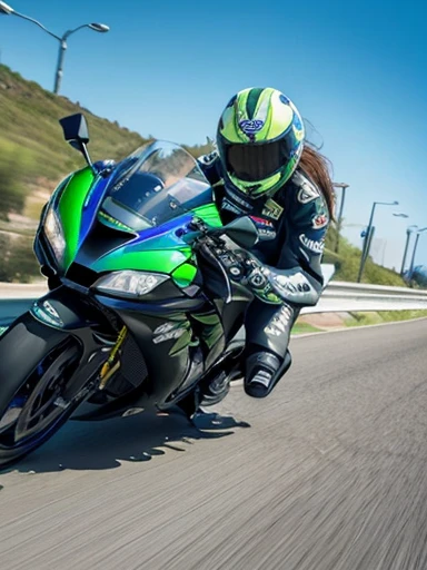 female riders, Kawasaki ZX10R, Yamaha YZF-R1, highway, speeding, from diagonal front view, speed lines and motion blur, colorful riding suits, hair flowing in the wind, police car chasing, dynamic composition, bold colors, sharp details, ((masterpiece)), ((best quality)), (ultra-detailed), ((beautiful eyes)), Japanese female, (slender), ((30 years old)), beautiful, (cheerful grin:1.3),