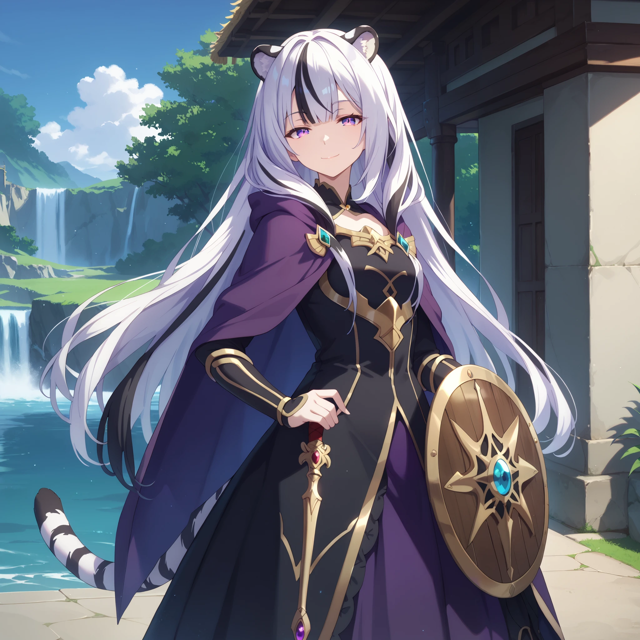 ((masterpiece)), 1girl, solo, very long hair, white hair, black hair, multicolored hair, white tiger ears, white tiger tail, open eyes purple eyes, looking at viewer, kind smile, night scenery, extends hand to the viewer, motherly smile, standing, purple dress, black dress, multicolored dress, armored dress, half-lidded eyes, holding Shield in front, metal breastplate, purple cape.