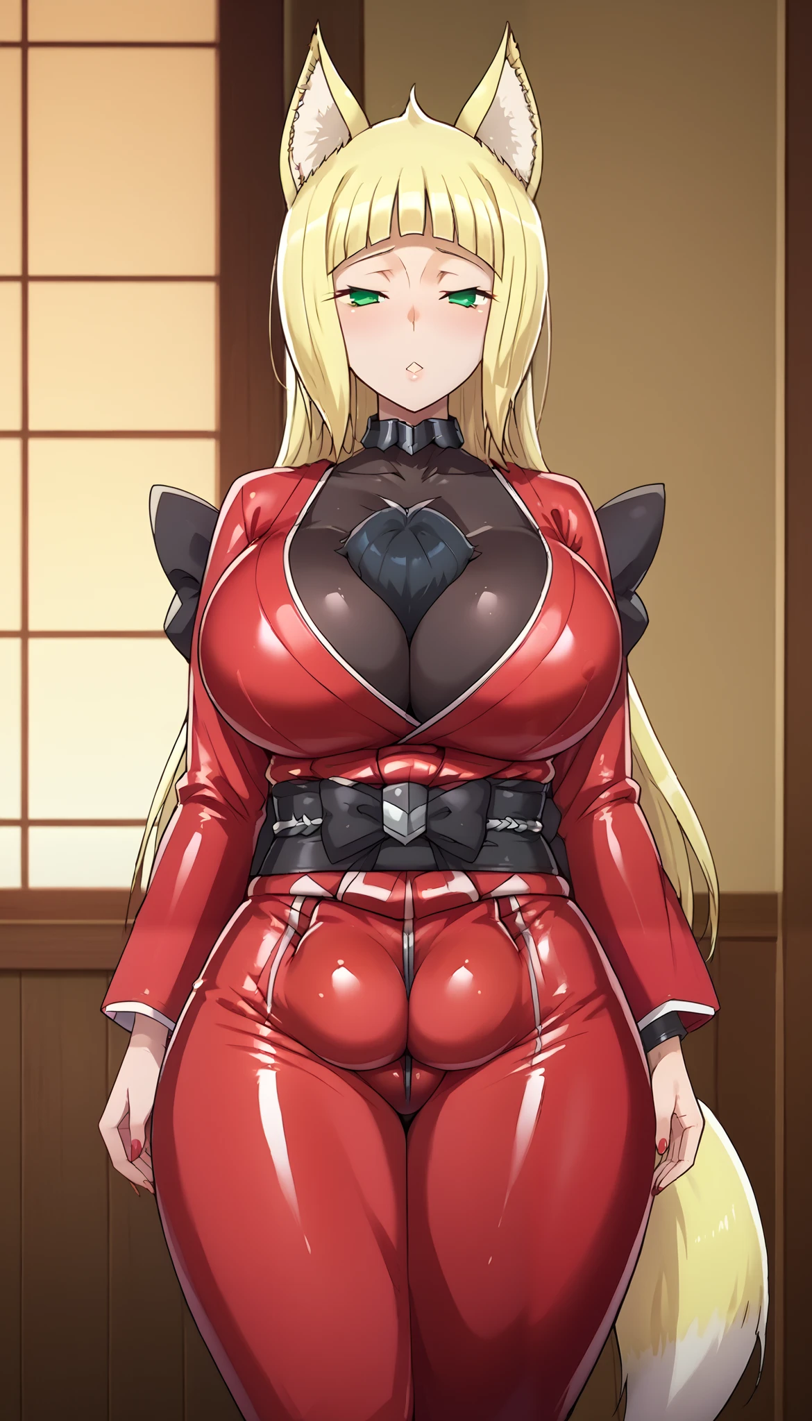 Haruhime Sanjouno , score_9,     score_8_up,     score_7_up,  Sanjouno Haruhime fox ears ,  ,Wearing tight clothes,  The red latex suit emphasizes its curves and strength   ,,      Strange things are happening with her costume     :  Trapped in clothes    ,     between her huge 145 cm breasts    , Is a man.    I can see him in his tight suit   ,     the outline of his body is revealed    ,      but he's completely trapped between his breasts     .     It's designed for two to share   , Made to fit the Queen's body  . the man,     I'm trapped in a situation with no chance of winning    , He is crushed by the clothes he is wearing   、  I feel trapped   ,      The outline is clearly defined by the fit of the garment   . Unfazed, Big Breasts,   huge thighs   , thick thighs,Staffy Staffy,vapor,  I sweated ,Half an eye, smiles, seductive expressions