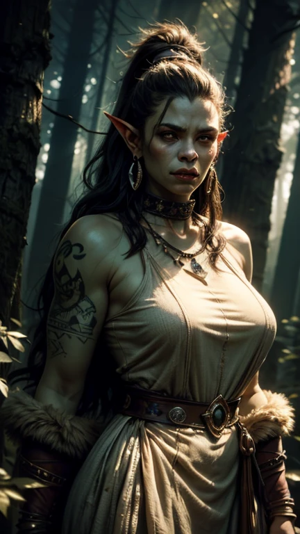 Young orc woman, big fangs, female orc, (green skin) , peaceful expression, dirty clothes and hair, wool and fur clothes, (wearing dirty linen dress), bone jewelry, forest background, natural lighting, tribal tattoos, big body, highly detailed, 4k, photorealistic, dramatic lighting, cinematic, fantasy art, ultra high quality, sharp Focus, orczor