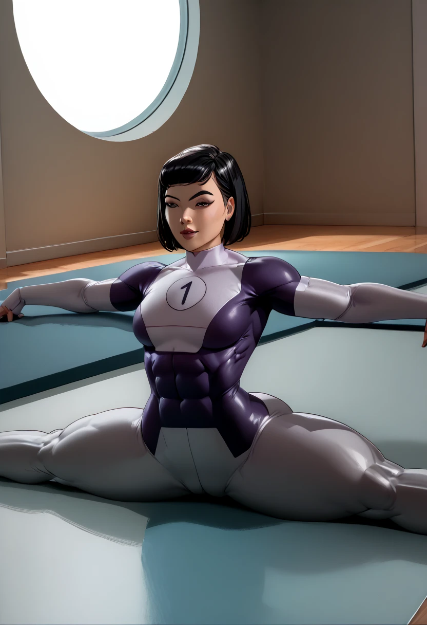 beautiful woman, katexl as a muscular woman, medium straight black hair, Asian, small breasts, violet and white superhero bodysuit, 1, extremely aesthetic, huge butt, abs, muscular thighs, wide hips, extremely aesthetic, butt out arched back pose, on all fours in a yoga studio