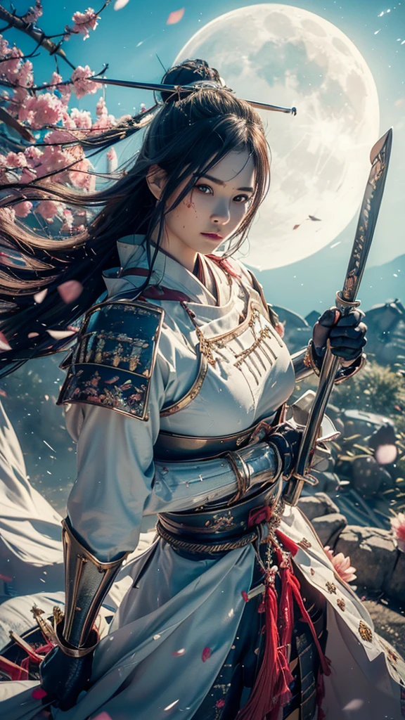 {best quality}, {very aesthetic}, {ultra-detailed}, nsfw、((from above, upper body, looking down)) 、((intense angle))、A sexy female character wearing white and milky armor as a warrior from the Sengoku period、It sticks out a huge, specially shaped, shining ice spear、((holding large bloody scythe))、((realistic))、((drill hair))、((Silver gray hair ))、((toned body))、(glistening skin)、 toned body、((huge breasts))、((side boob))、Big Breasts、 plump thighs、 white cream armor with a flower pattern engraved with a Tsukishita beauty flower pattern 、((side boob))、(  wearing a cloak with a flower pattern by Tsukishita beauty )、(shrine maiden clothes)、(rah-rah skirt)、White milky shin guard with beautiful flowers engraved on it 、White-milky high-leg underwear 、 pink tights that make you have huge breasts、 absolute domain、((holding with a spear))、Holding a gun、Dramatic lighting、((Moonlight at night))、Queen of the Night、(( Tsukishita beauty's flowers are dancing ))、(( flowers blooming in full bloom in the background ))、(( large Tsukishita beauty flowers blooming in full bloom on the front ))、 cinema-like scene 、 Max Image、 Ultra High Definition、8k、masterpiece、crisp quality、