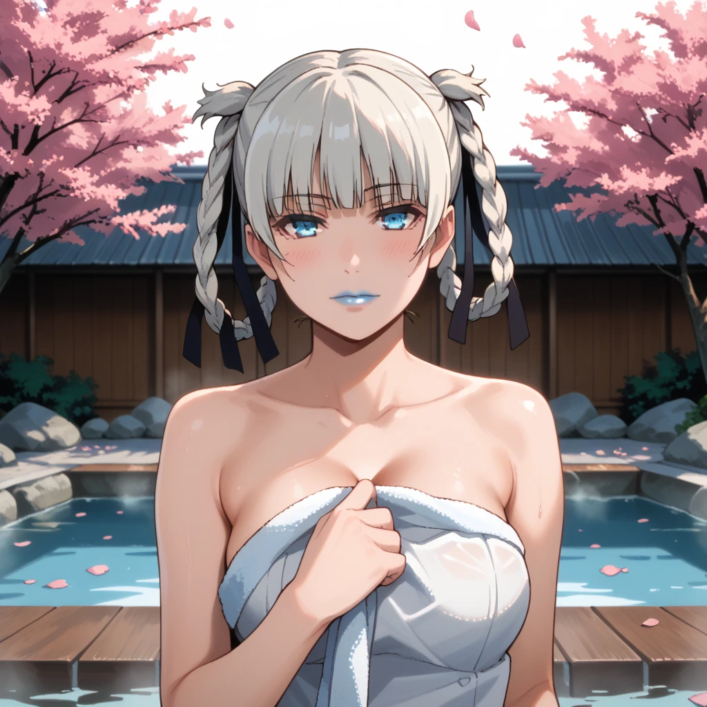 Score_9, score_8_up, score_7_up, score_6_up, source_anime, rating:general, 1girl, upper body, kirari momobami, white hair, braided hair, crystal blue eyes, blue lipstick, pale white skin, sultry look. come to bed eyes, blush, exposed shoulders, cleavage, medium sized breasts, doll face, holding towel around breasts, traditional Japanese hot springs, cherry blossoms, 8k quality, vivid colors, perfect lighting, perfect shadowing       