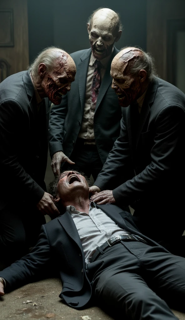  Three zombies are at the top of the picture ，Zombies are biting a faceless man in a clean black suit，The man was lying on the ground，Butt facing the audience ， at the bottom of the screen ，Zombies are the main body of the picture ，The background is a composition of ，Dark atmosphere 