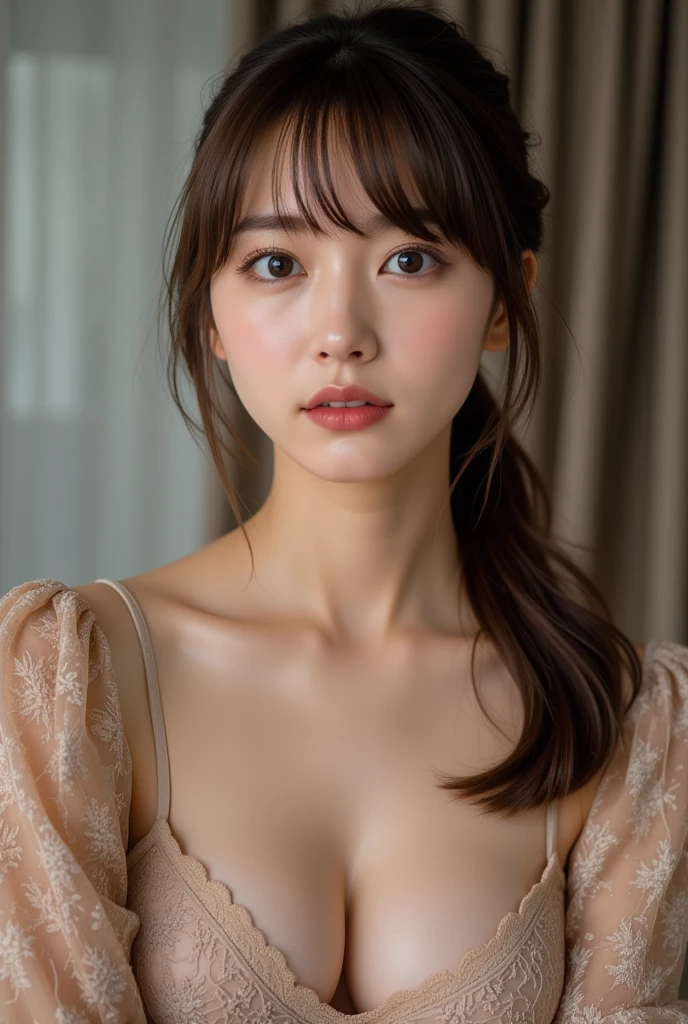 1girl,gal,large breasts,(best quality,absolutely resolution,ultra detailed,masterpiece),(photo realistic),8k,(detailed face),delicate realistic skin textures, (( 崖の上))(( sad expression ))((A dress with a beautiful pattern)) show your teeth and laugh, Brown Hair, bangs, ((ワンピース))歯を見せて笑う, 