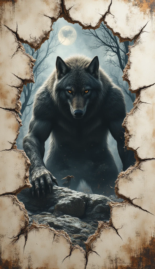 double exposure, in the foreground a canvas torn by the claws of a werewolf, in the background through torn holes in the canvas you can see a powerful werewolf who tore the canvas with his claws, masterpiece, detailed, midjourneyv6.1,