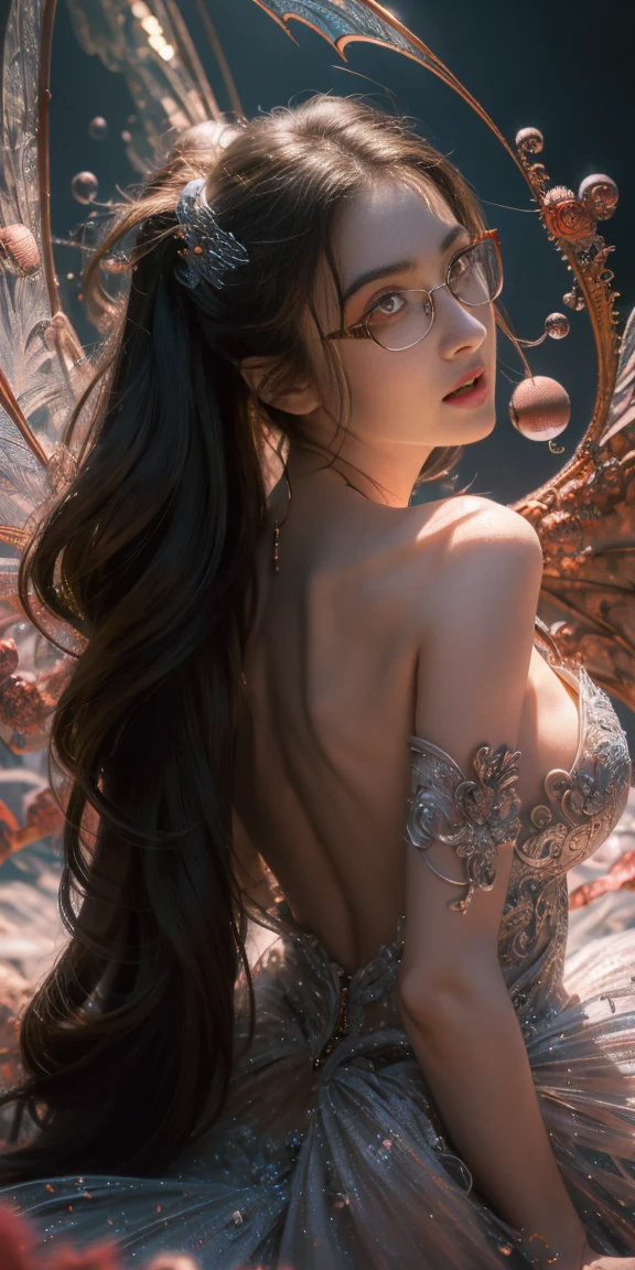 (The best illustrations)、realisitic、ultra-detailliert、The best lighting、Best Shadows、alluring succubus, ethereal beauty, perched on a cloud, (fantasy illustration:1.3), enchanting gaze, captivating pose, delicate wings, otherworldly charm, mystical sky, (Luis Royo:1.2), (Yoshitaka Amano:1.1), Dungeon and Dragon、caves、Dungeon、 A Necromancer、natta、Dark style、Succubus、Devil's Daughter、Bat Wings，(((Demon Hornlack-rimmed round glasses))))、(red eyes glowing:1.6)、​beautiful countenance、Tindall Effect、(High Detail Skins:1.2) absurderes、Ponytail distortion、jewely、Beautiful expression、Toned waist、Wide buttocks、Tindall Effectmasuter piece、top-quality、Highest Standards、Top image quality、masutepiece、intricate detailes、High resolution、Depth Field、natural soft light、profetional lighting、Great smile、(High Detail Skin: 1.2)、photorealistic anime girl render、Strong highlights of the eyes、Perfect Anatomy、crotch open、Shy、Spreading your legs、Panties are visible、Skirt flipping、Body shiny with oilerectile nipple))、8K resolution、intricate clothing、Intricate details