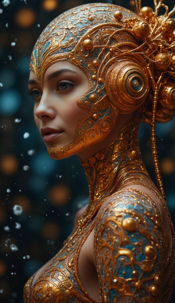 8k portrait of beautiful biomorphic full body stunning golden onyx porcelain cyborg with metallic hair in transparent brocade underbust corsage with lustful presence, (((holding a photo camera))), smiling, under water, intricate, elegant, highly detailed, majestic, broken glass, (masterpiece, sidelighting, finely detailed beautiful golden shaded eyes: 1.3), hdr, photorealism, bokeh, neon elements, biomechanical interface. Intrincated detailed skin, futuristic, utopian, machine parts, body parts, wires, circuits, highly detailed, cinematic, look from above, hauntingly surreal, highly detailed and intricate, rich deep colors, intricate, masterpiece, golden ratio, intricate, epic, sweet, beautiful face, perfect eyes, perfect proportions, anatomically corrected 