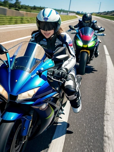 Scene of two women, two female riders riding Kawasaki ZX10R and Yamaha YZF-R1 on a highway: 1.4. Speed ​​lines and motion blur that emphasize the feeling of running when viewed diagonally from the front. He wears a colorful rider suit and his hair blows in the wind. A police car follows behind. Visually moving compositions, emphasizing bold colors and crisp details, ((masterpiece)), ((best quality)), (ultra-detailed), ((beautiful eyes)), Japanese female, (slender), ((30 years old)), beautiful, (cheerful grin:1.3),