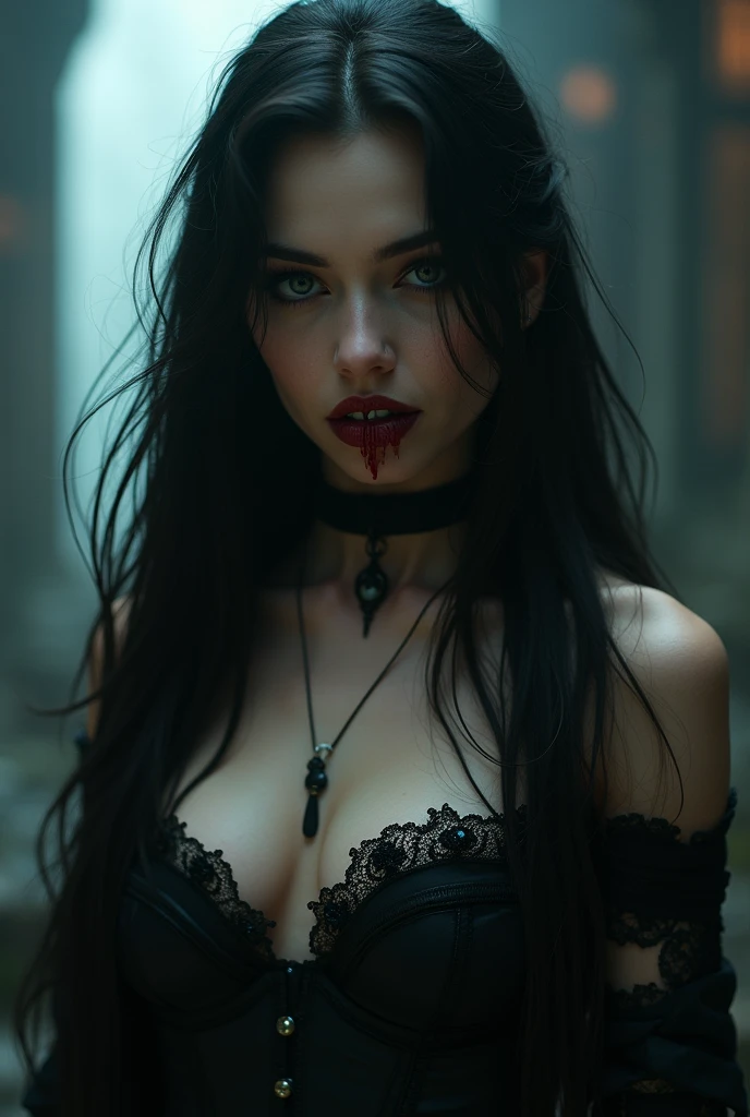 (best quality,4k,8k,highres,masterpiece:1.2),ultra-detailed,(realistic,photorealistic,photo-realistic:1.37),bloodcrazed vampire,long black hair,red blooded dress,pale face,sucking a human,sharp fangs,intense eyes,intimidating presence,dark and eerie atmosphere,dancing shadows,vivid colors,gothic style,contrasting light and shadows,biting into the victim's neck,red blood dripping down,intense craving for blood,luring the victim into darkness,haunting expression,menacing aura,visceral terror,horror art,red color palette,low-key lighting,nighttime setting,macabre beauty,ferocious hunger,extraordinary details,transcendent darkness,sinister ambiance,crimson splatters,bloody elegance,intertwined desires