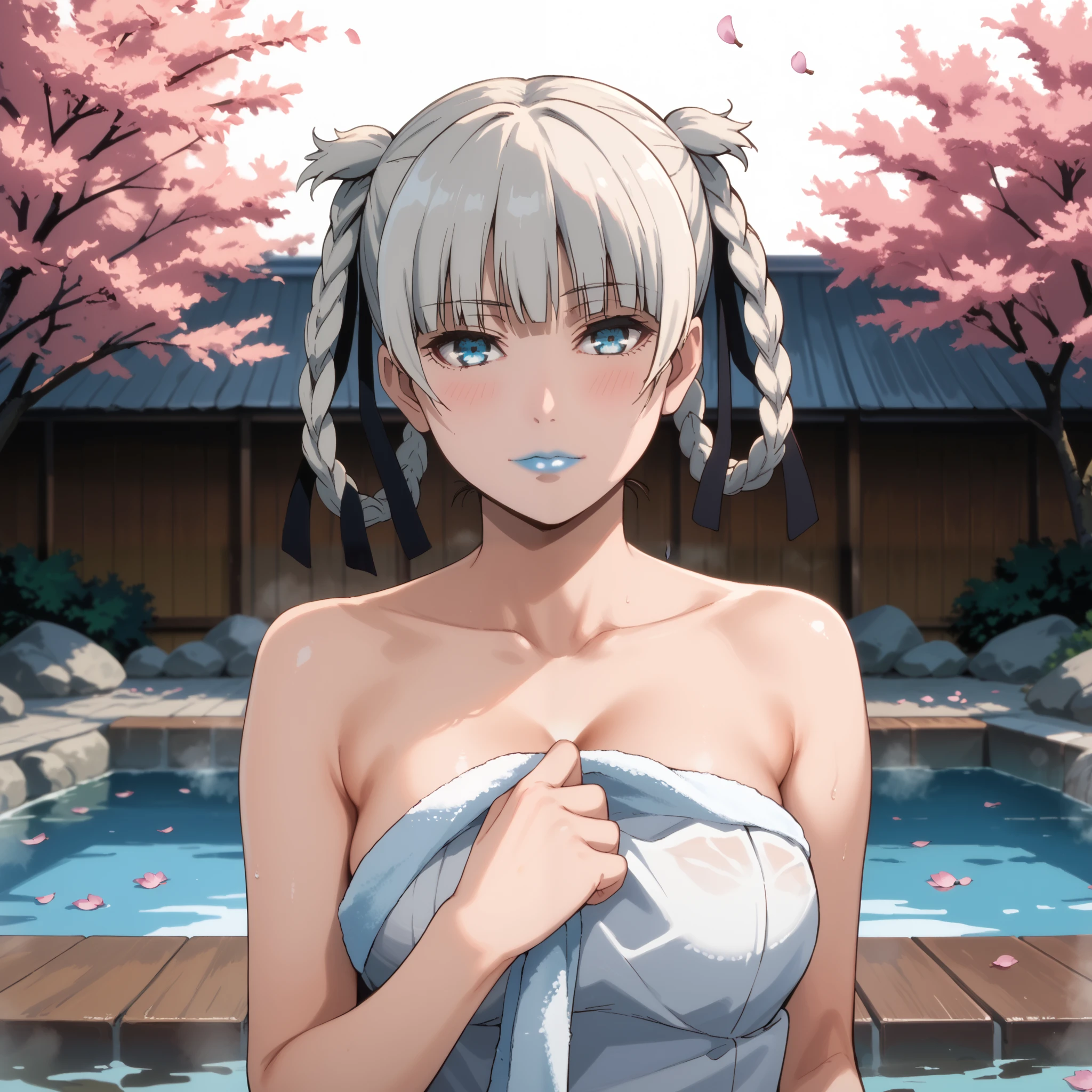 Score_9, score_8_up, score_7_up, score_6_up, source_anime, rating:general, 1girl, upper body, kirari momobami, white hair, braided hair, crystal blue eyes, blue lipstick, pale white skin, sultry look. come to bed eyes, blush, exposed shoulders, cleavage, medium sized breasts, doll face, holding towel around breasts, traditional Japanese hot springs, cherry blossoms, 8k quality, vivid colors, perfect lighting, perfect shadowing       