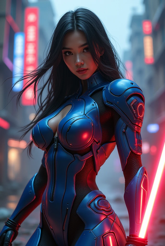 Gorgeous mech warrior woman, white battle suite with blue LED lights, high-tech, assassin, cyberpunk city background, futuristic, detailed and intricate, cleavage, sexy masterpiece, best quality, highest quality, high definition, highly detailed, 8K, athletic and fit body, naughty, perfect hands, detailed hands, perfect eyes, detailed eyes, flirty, sexy, realistic, HDR, UHD, dynamic, cleavage