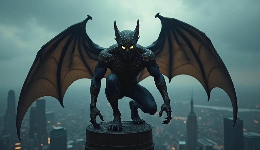 ((Brooklyn crouching on a rooftop overlooking a city street below looking down wings up posed to fly)), masterpiece, best, photo realistic, from below, Gargoyles, night time 