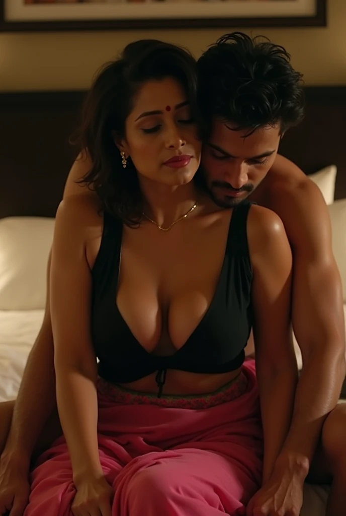 indian aunty in blue net saree with a nice clevage and busty with chubby abs and big ass showing legs with a full studio light with an indian uncle with big ass romancing each other