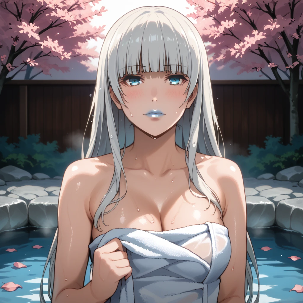 Score_9, score_8_up, score_7_up, score_6_up, source_anime, rating:general, 1girl, upper body, kirari momobami, white hair, long hair, hime cut, crystal blue eyes, blue lipstick, pale white skin, sultry look. come to bed eyes, blush, sweaty, sweat droplets, exposed shoulders, cleavage, medium sized breasts, doll face, holding towel around breasts, traditional Japanese hot springs, cherry blossoms, 8k quality, vivid colors, perfect lighting, perfect shadowing       