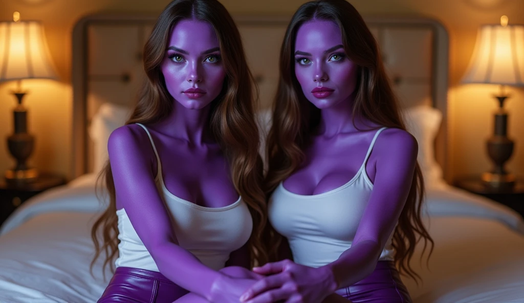 (overarching theme: (girls just wanna have fun)),(multiple subjects)(complex details)(a very high quality,4k,8k,highres,masterpiece:1.2), ultra-detailed, realistic, photorealistic:1.37, HDR, UHD, studio lighting, extreme detail description, professional, vivid colors, bokeh, best quality,realistic,higres,masterpiece:1.2), An Attractive Woman (Majel Barrett-Roddenberry(age 25),(hair light purple)), a secret society of shapeshifting humans [scifi|fantasy], lovely inhuman eyes, silky intricate lingerie, she is working at a playful Disney writers office with her female friend (total of two subjects), (everyone there is deeply in love with one another), (they are hitting one another with large soft pillows and laughing, feathers fly everywhere, they love each other deeply), safe for work, no nudity, show her entire body, full body picture head to toe, seductive pose, magic, power of love, breathtaking, enticing, full body, entire body, show her from head to toe, show her entire body, safe for work, pasties, no nudity, pillow fight, pillow fight