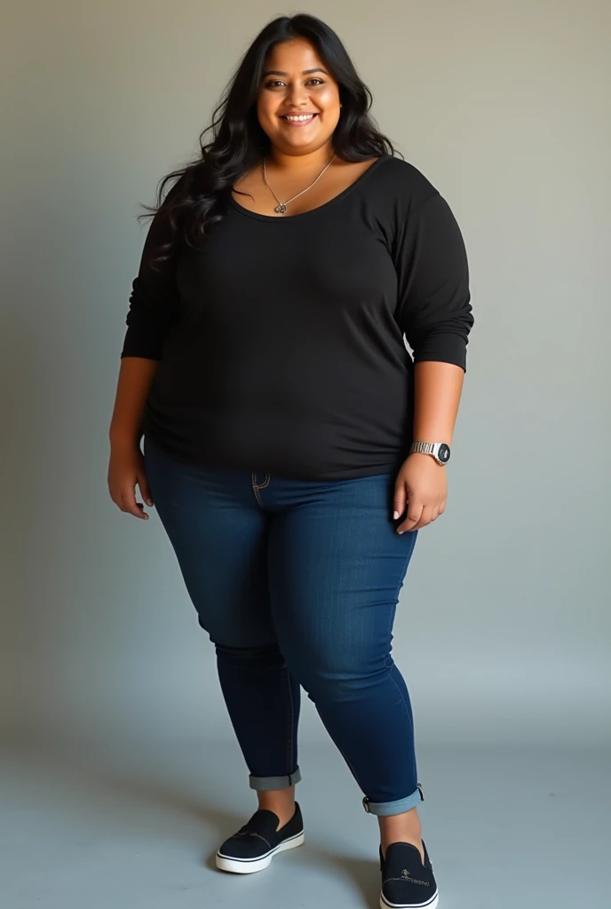 ((top quality、8k、masterpiece:1.3))、sharp focus, High level of image quality, high resolution，,gray shirt，black tie，black jeans，37-year-old woman with long wavy hair，Mature，charming smile，Draw lips correctly, red lipstick，stand，Slightly fat，Big breasts，garden background，full-body shot
