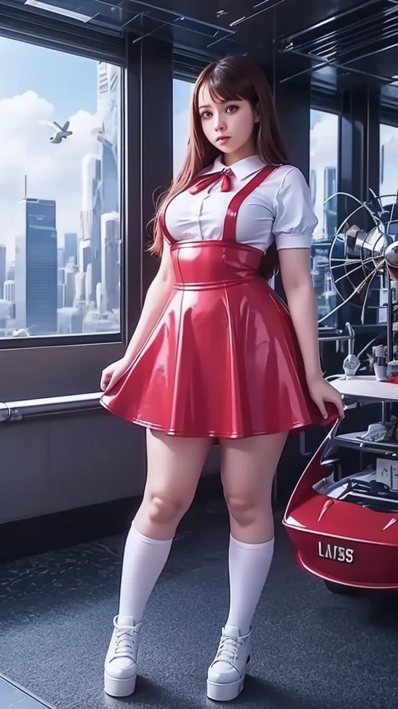 full body , fitted figure , cute beautiful schoogirl, beautiful cute curvy teen face with big lips , High Waisted red leather skater pinafore dress, blouse short puffy sleeves , High Waisted red leather  skater dress, red pioneer neckerchief , brunette long hair, Beautiful eyes. white stockings, thick platform shoes, a girl stands against the backdrop of a futuristic city  flying cars in the sky,  green leaves on the trees, photorealistic, Full body