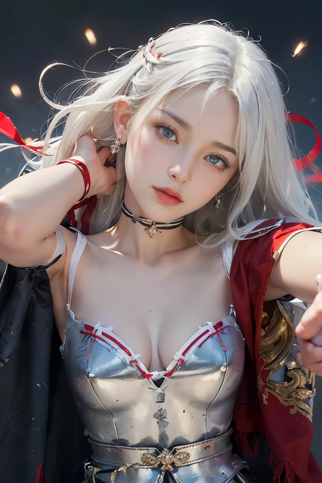 Realistic,masterpiece, best quality, (realistic,photo-realistic:1.4), (RAW photo:1.2),extremely detailed CG unity 8k wallpaper, delicate and beautiful, amazing,finely detail, official art, absurdres, incredibly absurdres, huge filesize, ultra-detailed,extremely detailed eyes and face, light on face,sinon,little smile,(white hair:1.3),medium hair,(wearing multicolored dress:1.4),(medium breast:1.3),night backgrounds,(braided ponytail:1.5),wearing robe,(golden eyeballs:1.5)