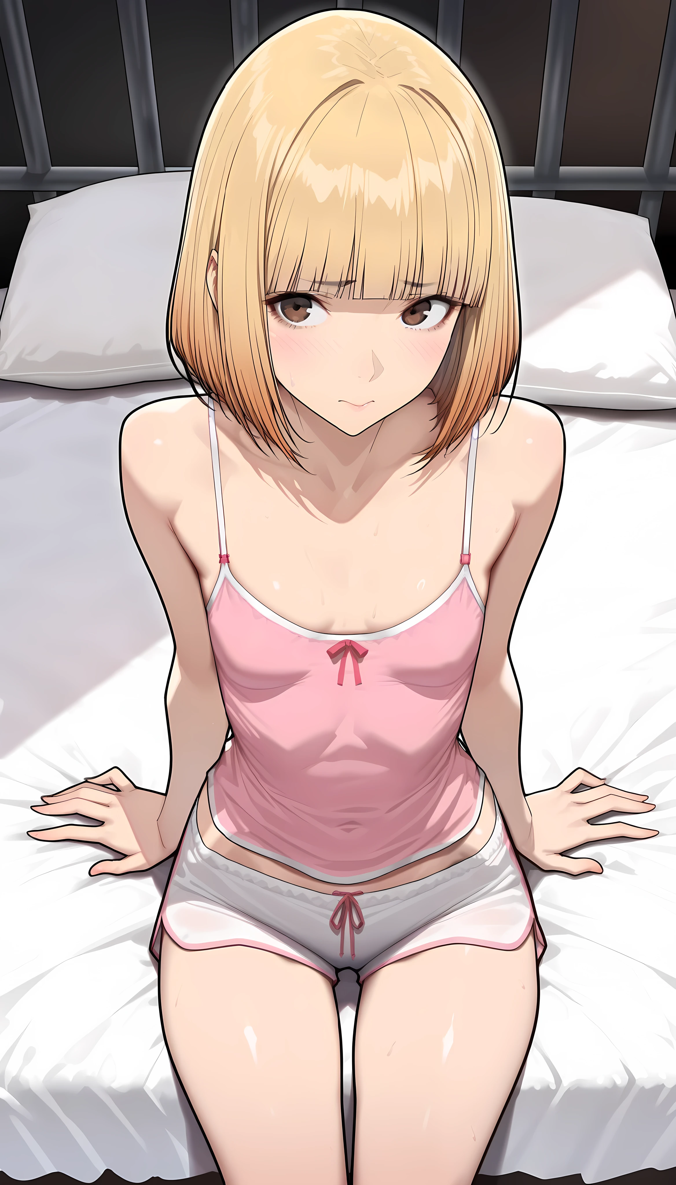 skinny, small breasts, anorexic, white nightgown, white panties, short blonde hair, tomboy, small height, lying on the bed, angry face,  light brown eyes