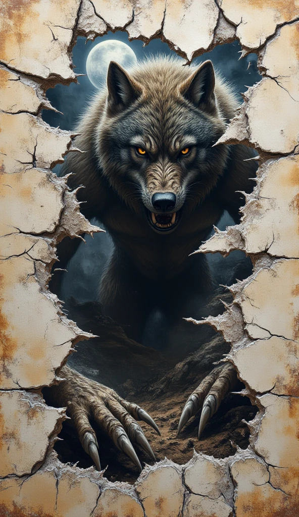 double exposure, in the foreground a canvas torn by the claws of a werewolf, in the background through torn holes in the canvas you can see a powerful werewolf who tore the canvas with his claws, masterpiece, detailed, midjourneyv6.1,