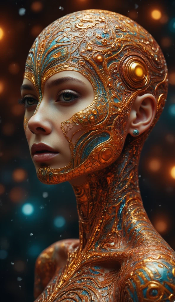 8k portrait of beautiful golden onyx  biomorphic steam punk body stunning golden onyx porcelain cyborg hdr, photorealism, bokeh, neon elements, biomechanical interface. Intrincated detailed skin, futuristic, , highly detailed, cinematic, look from above, hauntingly surreal, highly detailed and intricate, rich deep colors, intricate, masterpiece, golden ratio, intricate, epic, sweet, beautiful face, perfect eyes, perfect proportions, anatomically corrected, nebula backdrop