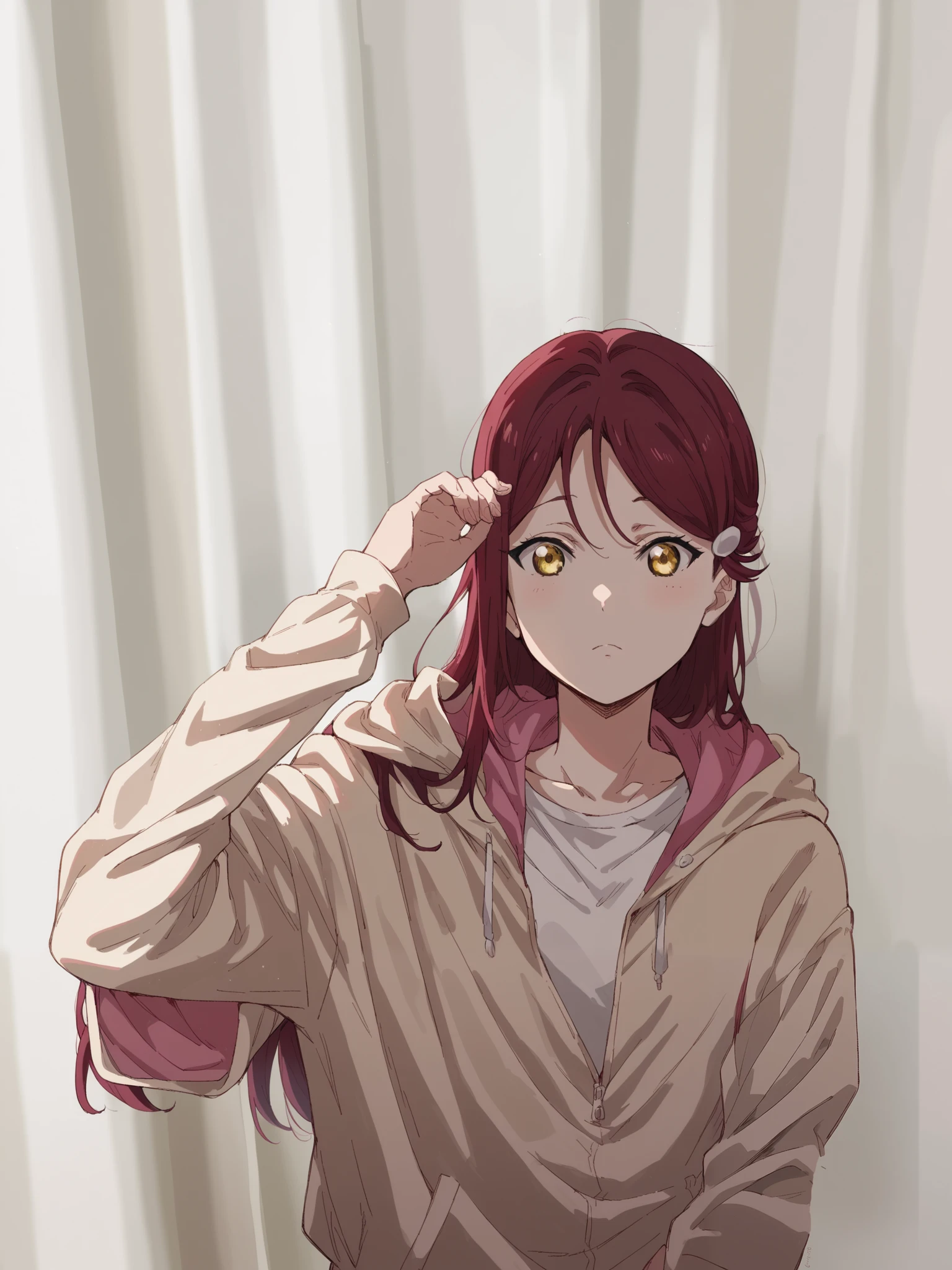 score_9, score_8_up, score_7_up, source_anime,
riko sakurauchi, long hair, hair ornament, yellow eyes, red hair, hairclip,,