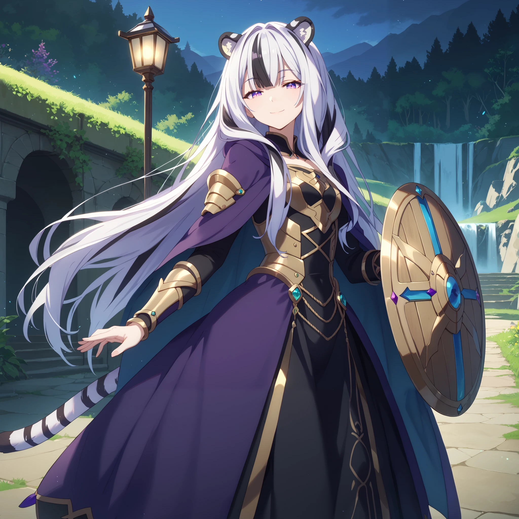 ((masterpiece)), 1girl, solo, very long hair, white hair, black hair, multicolored hair, white tiger ears, white tiger tail, open eyes purple eyes, looking at viewer, kind smile, night scenery, extends hand to the viewer, motherly smile, standing, purple dress, black dress, multicolored dress, armored dress, half-lidded eyes, holding Shield in front, metal breastplate, purple cape.