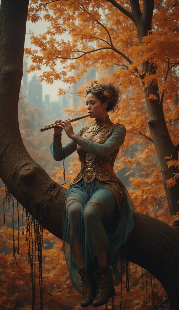 a steampunk girl playing a flute, sitting on a giant tree, autumn season, sunny day