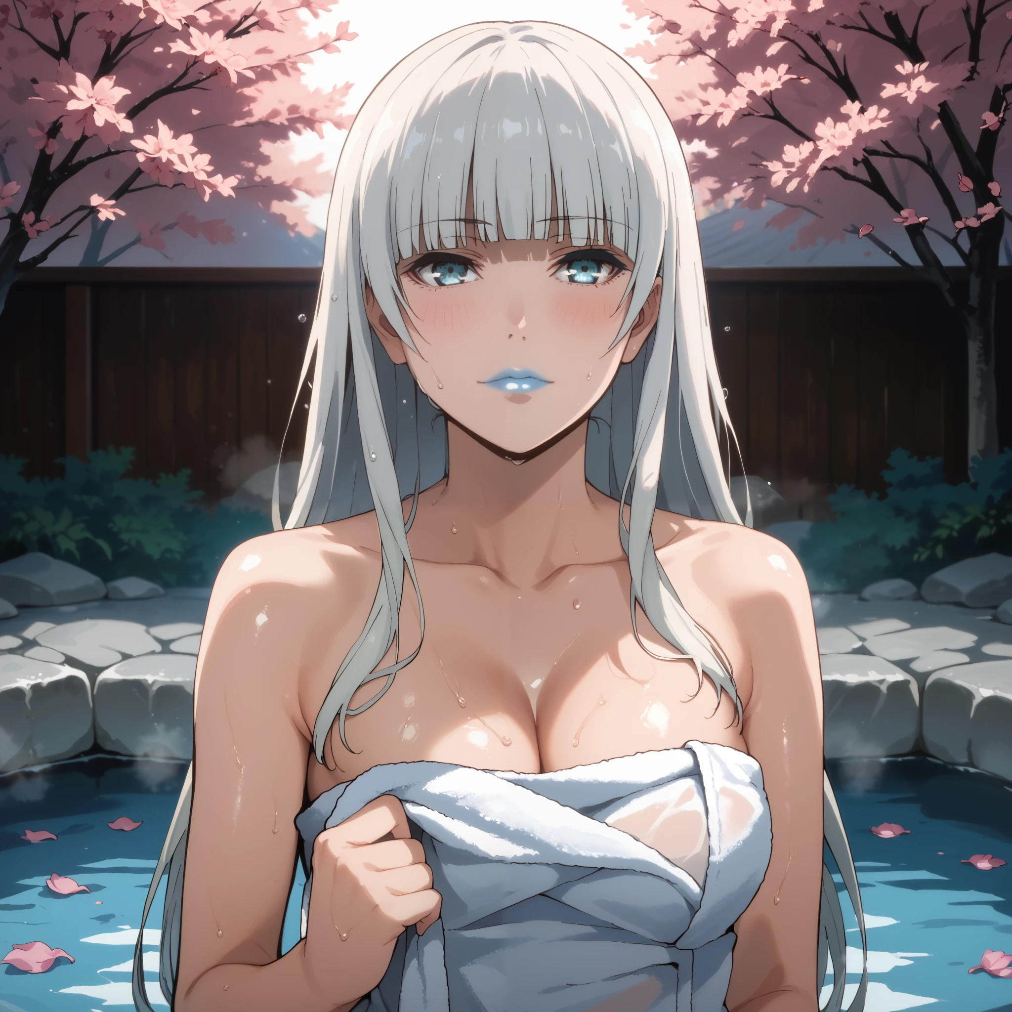 Score_9, score_8_up, score_7_up, score_6_up, source_anime, rating:general, 1girl, upper body, kirari momobami, white hair, long hair, hime cut, crystal blue eyes, blue lipstick, pale white skin, sultry look. come to bed eyes, blush, sweaty, sweat droplets, exposed shoulders, cleavage, medium sized breasts, doll face, holding towel around breasts, traditional Japanese hot springs, cherry blossoms, 8k quality, vivid colors, perfect lighting, perfect shadowing       