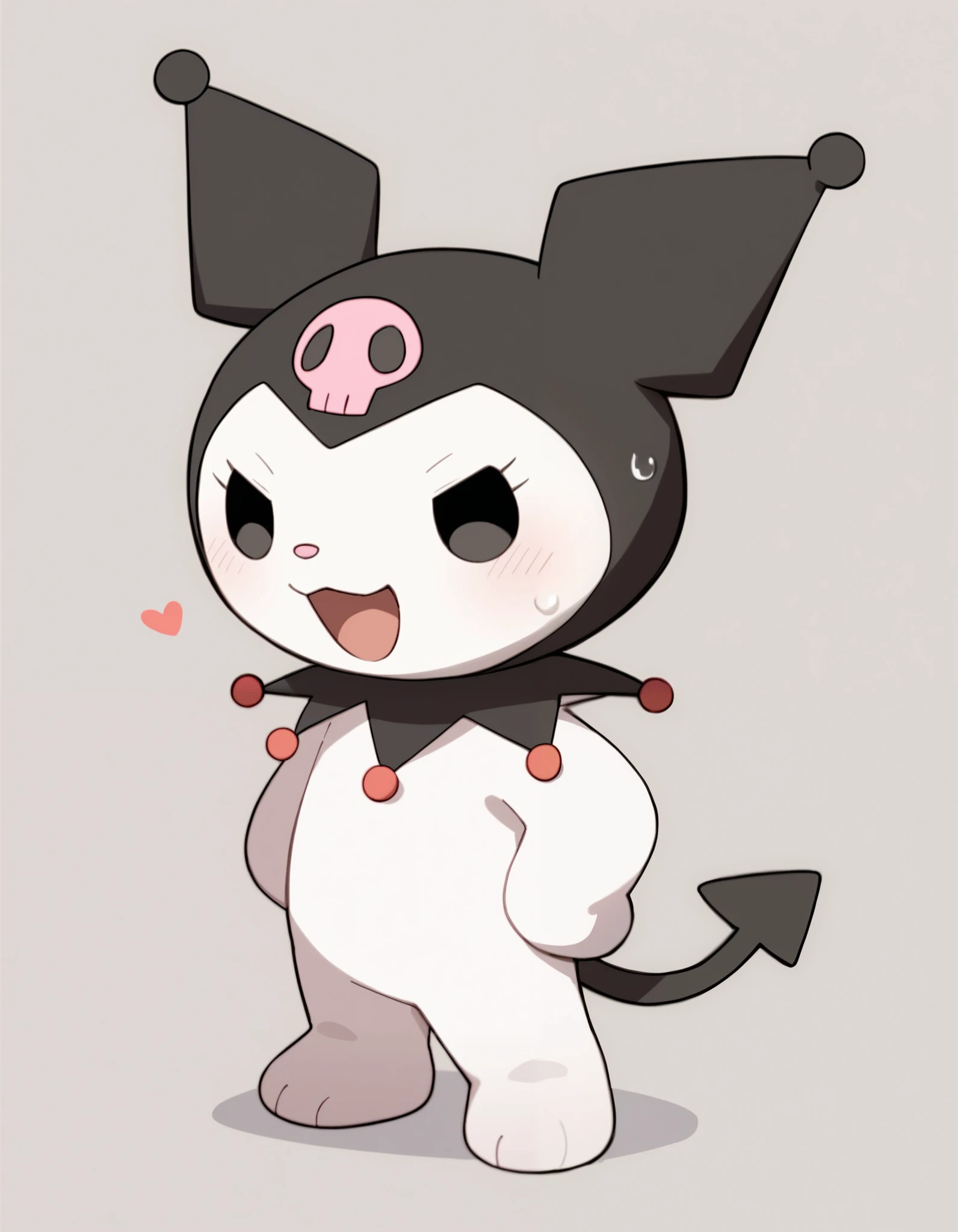 Score_9, score_8, score_7, rating_safe, kuromi, feral, jester cap, dot eyes, skull print, tail, black eyes, chibi,, hi_res , <3 ,<3_eyes ,anthro ,,white_body ,white_fur, young, sweat,  