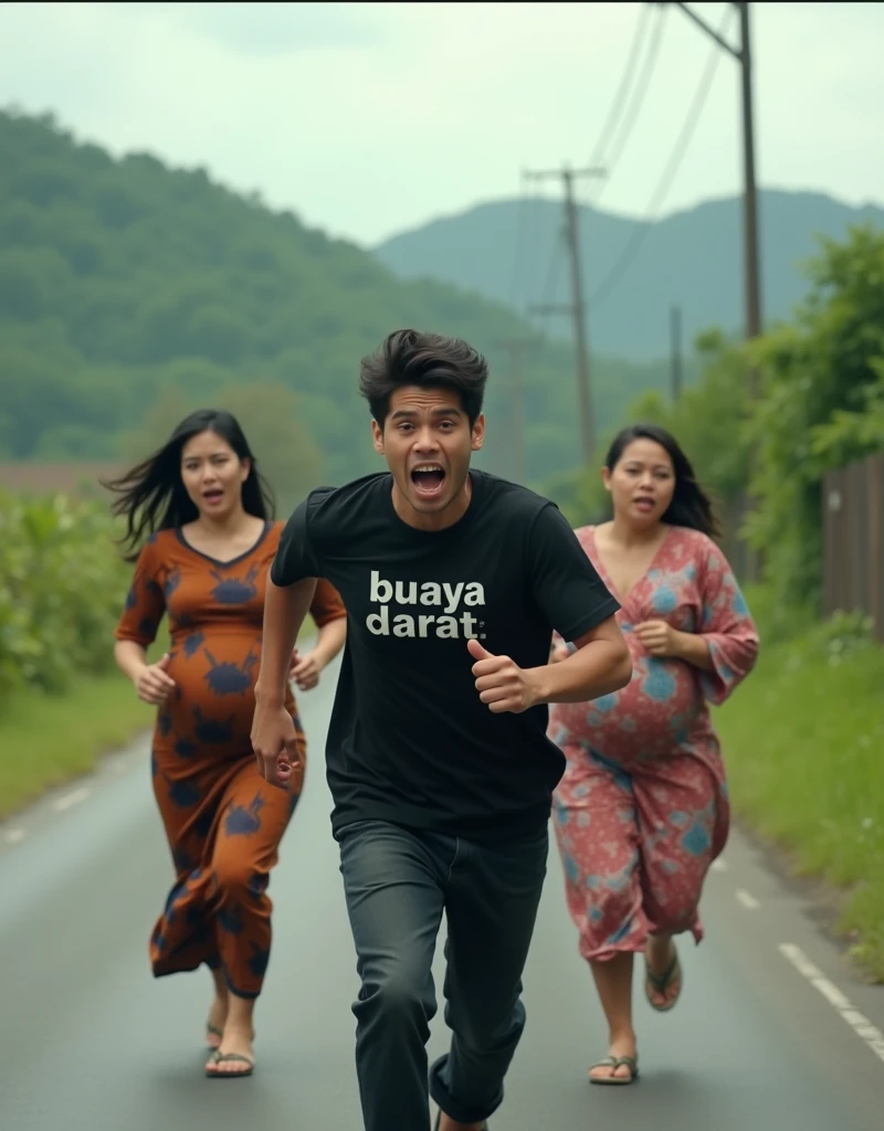 Real photo. young Indonesian man wearing white Indonesian wedding clothes running barefoot with a frightened facial expression. behind him were three beautiful midi women wearing pregnant dresses running after him. the atmosphere of the asphalt road at the edge of the rice fields. photography realistic, highy quality