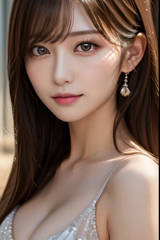One girl, Bellissima, Side Up、Blonde, blue eyes, Blurred, Blurred background, chest, Brown eyes, Brown Hair, Curly Hair, denim, dress, freckles, From the side, jewelry, lips, Long Hair, View your viewers, necklace, Open clothes, Realistic, shirt, alone, Upper Body, Wavy Hair, white dress, masterpiece, highest quality, Unrealistic_Engine 32k