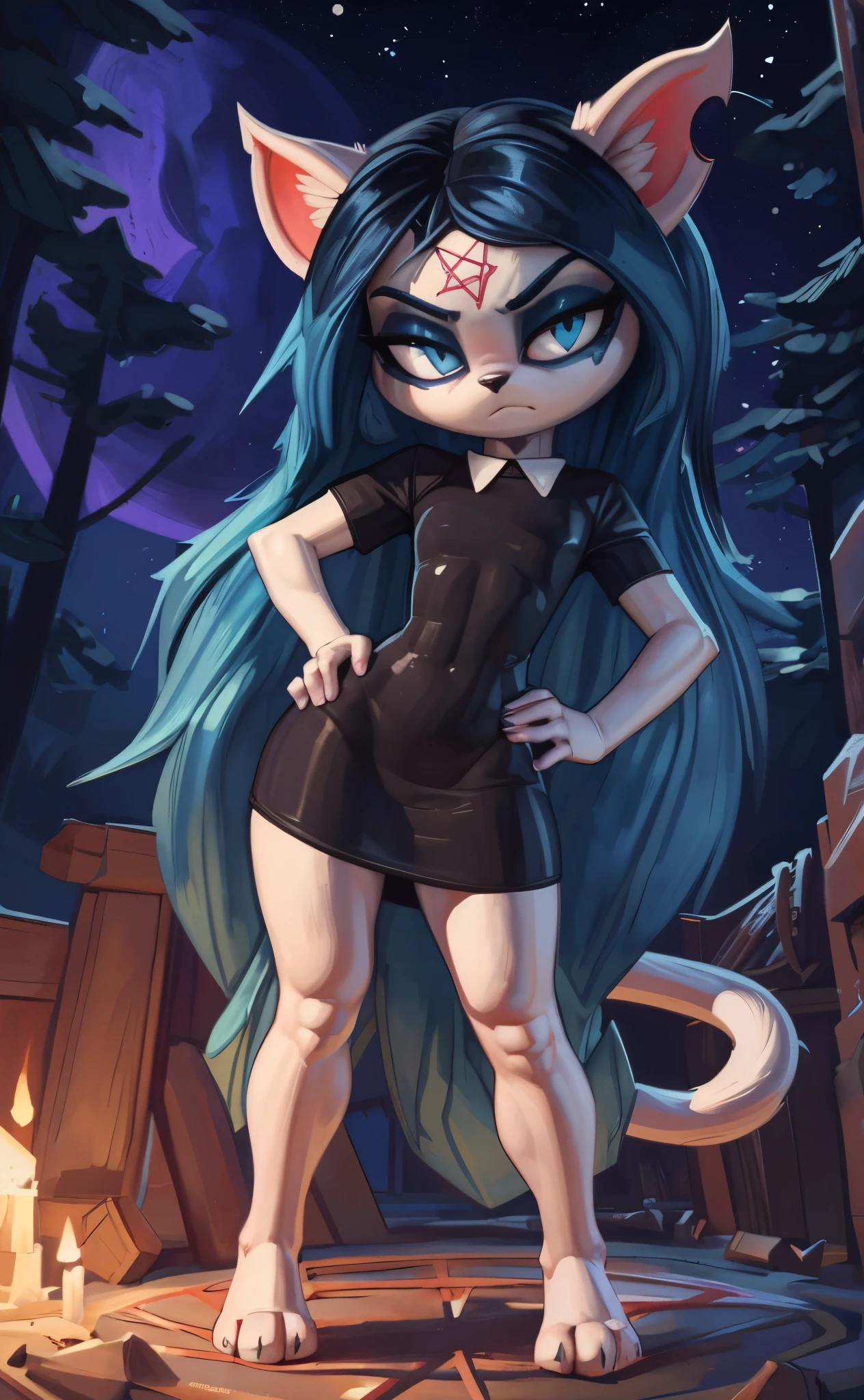 [Claire (the summoning)], [Uploaded to e621.net; (Pixelsketcher), (wamudraws)], ((masterpiece)), ((1girl)), ((solo portrait)), ((full body)), ((front view)), ((furry; anthro)), ((detailed fur)), ((detailed shading)), ((beautiful 3D art)), ((shoes visible)), {anthro; (white fur, black nose), pink pentagram on forehead, long blue hair, dark blue slit eyes, frown}, {(fishnet sleeves), (bodysuit)}, {(dynamic pose), (hand on hip), (hand in pocket)}, [background; (nighttime), (starry sky), (full moon)]