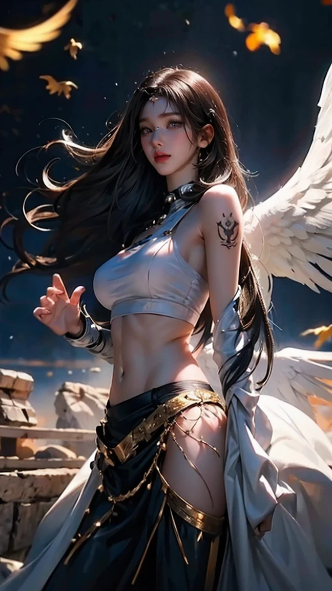 (Realistic picture, highest resolution, 16k), ((She has 12 wings on her back:1.5), (6 white wings:1.5) and (6 black wings:1.5)), ((She has 12 wings on her back.:1.5), (6 white wings:1.5) and (6 black wings:1.5)), (many wings, wings separated, 12 wings on her shoulders, เทพเจ้าที่มีปีกกว้างandมีพลังมหาศาลอยู่บนไหล่ของเขา, Add dynamic wings, 12 wings on the shoulders), (Beautiful girl with two meter long hair, striking long hair, Beauty that comes from long hair, long black hair), (Smooth white skin, Smooth white skin, Smooth white skin), (Lips are very red.,), ((stand, that is finished)), (Huge breasts, Massive breast, The breasts are soft and fluffy., Plump breasts, A gigantic rift, Huge breast), (thin body, flat stomach, small waist, hips raised, small thighs, Long legs), (dynamic post), (Women who are 172 centimeters tall), (perfect proportions, Anatomically correct, proportional anatomy), (full body, เหมือนfull body, See the whole body., Visible in every part of the body), (Porn, naked, exposed body, not wearing clothes, naked, naked, not wearing underwear, Hot striptease, see pussy, see tits, Look at that pussy., see breasts), (standเขย่งเท้า, Float in the air), (powerful wings, Mighty 12 wings, gigantic wings), (scene, ความdark, ในที่dark, deep shadow, dynamic light, Take realistic photos, background, dark, at night),