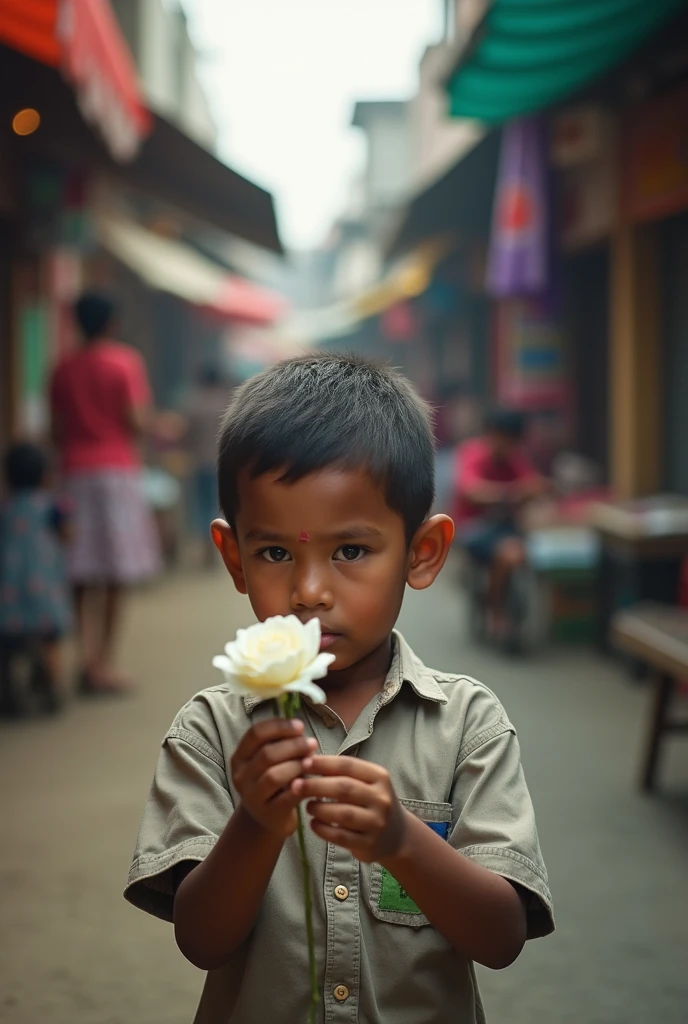 A dirty Thai boy's hand holds a flower near barbed wire, probably from a concentration camp.