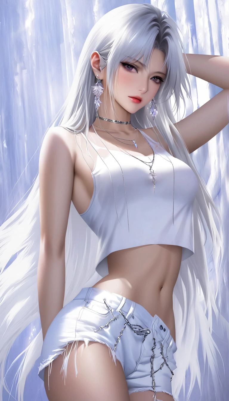 1 Girl, Solitary, Long hair, white shirt, Bangs, Upper Body, earrings,  jewelry, white hair, bare girl, bare body, bare skin, pretty girl, bare breasts, crop top, sheer clothes 