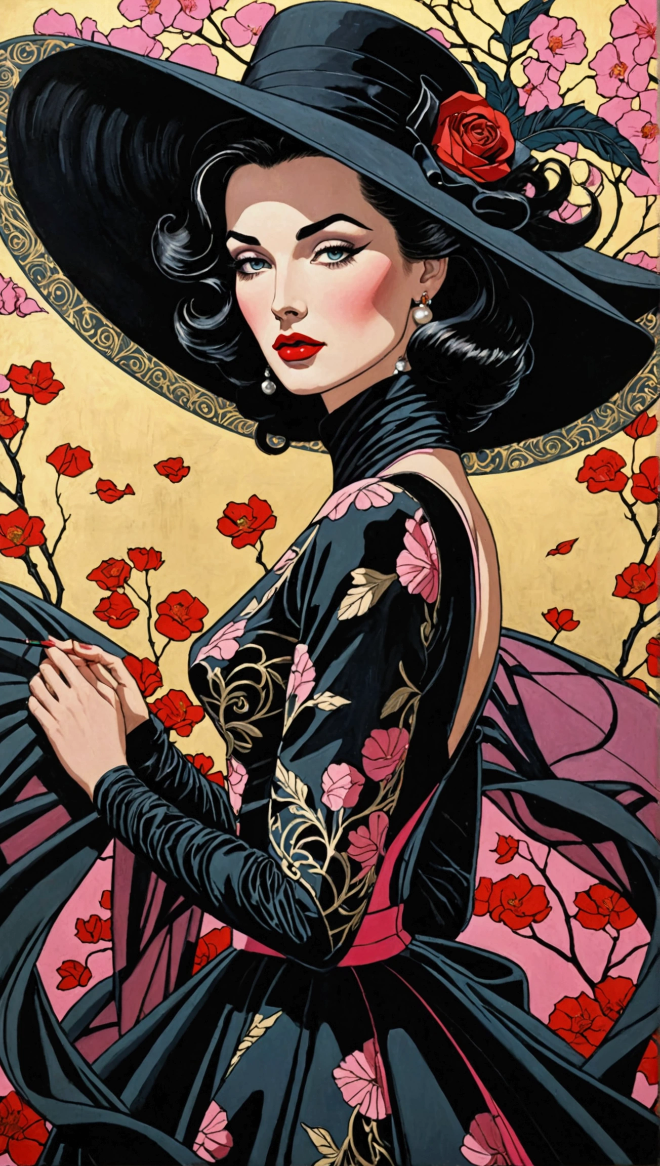 Create a stunning masterpiece depicting a woman in 1950s style, wearing a flowing, very long dress that exudes a dreamy and magical aura. She should have glamorous makeup, including striking red lipstick, and wear a wide-brimmed black hat. The character should embody an ethereal quality reminiscent of Lady Dimitrescu, with a pale complexion that contrasts against a soft colorful background. 

The artwork should reflect the distinctive style of Patrick Nagel, showcasing beautiful, highly detailed painting techniques. Pay special attention to the intricate slopes of the dress, the detailed features of her face, and the captivating depth of her eyes. Capture the essence of a modest model shoot with professional photography quality, blending elements of synthwave and androgyny. The final image should be in 8K resolution, conveying high quality and award-winning artistry, with a focus on short hair that adds to her unique charm.