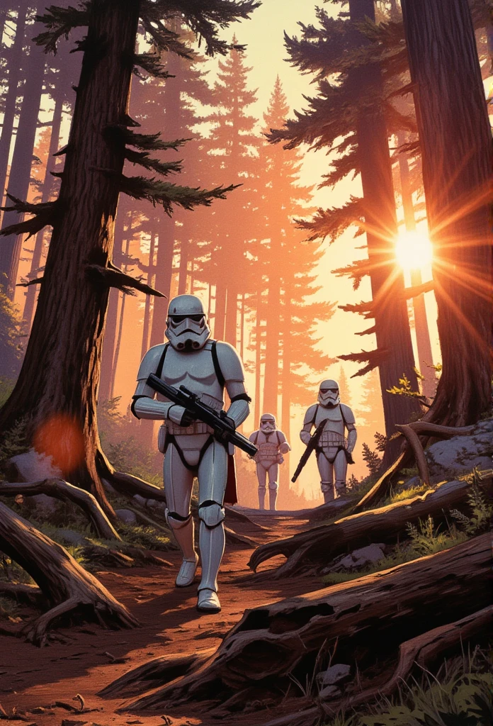  Create a retro vintage of A forrest landscape with a troop of 3 Stormtroopers patroloing, cinematic lighting beautiful warm sunrays shining through the  trees.