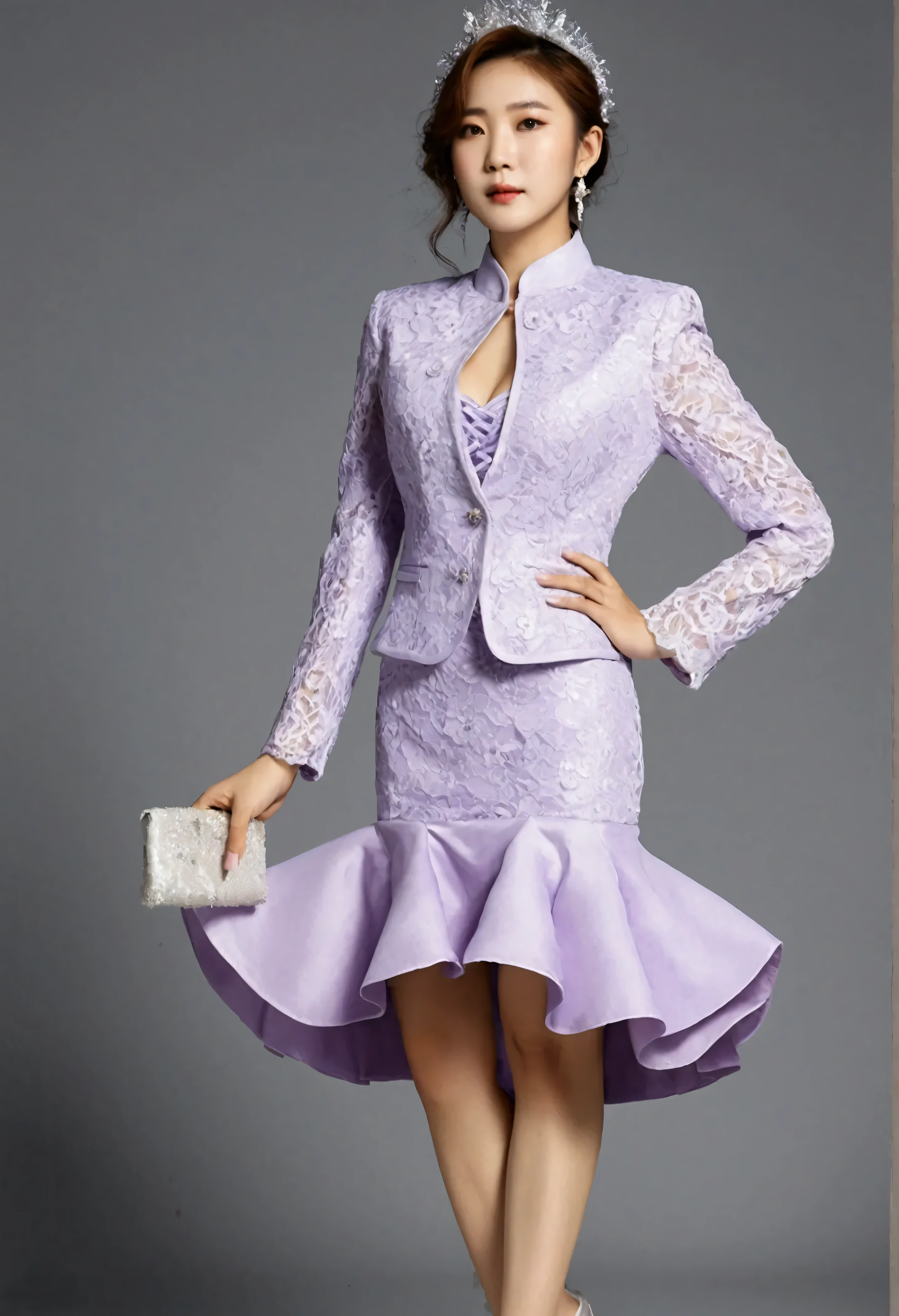 A Korean man is wearing a ladies' skirt suit, a beautiful skirt suit, he is a crossdresser, he has big breasts on his chest like a woman's, his face is very masculine, his hair is masculine short, light purple and white, frills and lace. Decoration, lady's dress, two-piece, cropped jacket, small jacket, round neck jacket, China collar jacket, mermaid dress