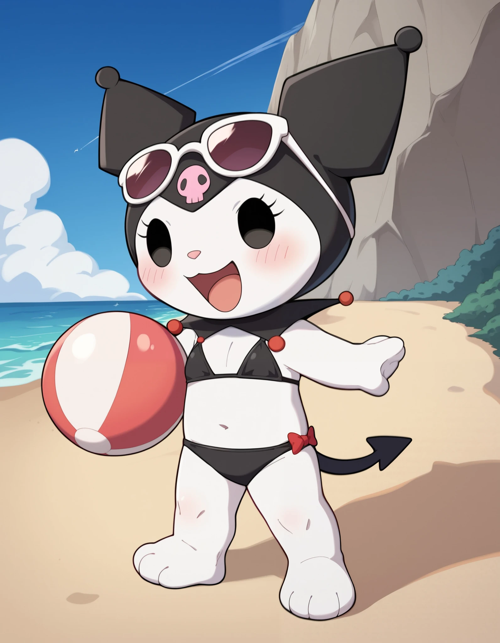 score_9, score_8_up, score_7_up, score_6_up, score_5_up, score_4_up, kuromi, no humans, open mouth, feral, jester cap, dot eyes, skull print, tail, black eyes, chibi, solo, blush, furry, beach, black , sunglasses, ocean, blue sky, sand, happy, smile, holding beach ball,