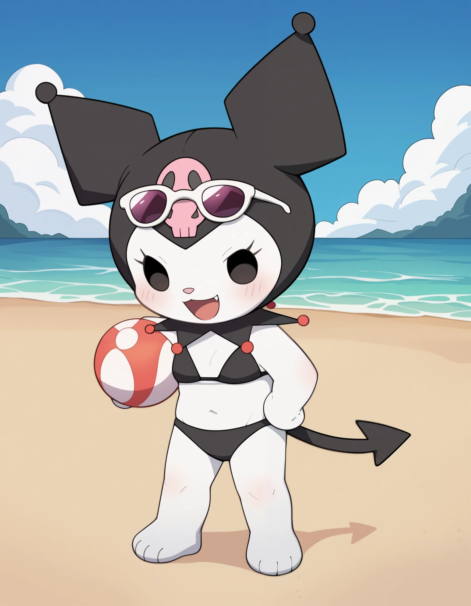 score_9, score_8_up, score_7_up, 1girl, solo, Expressiveh, (KuromiCD, white skin, black hat, pink skull, black collar, black eyes, demon tail, looking at viewer, smile, closed mouth peace sign, black swimsuit), cowboy shot, beach background, 4k, masterpiece, best quality, highly detailed