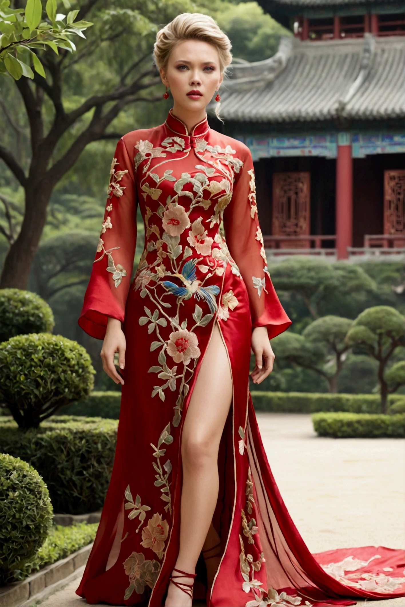 1 woman (Scarlett Johannsson, age 25, intricate silk Chinese dress with lots of embroidery sheer with several large slits, no underwear, traditional hairstyle and Chinese makeup) wandering through a palace garden
