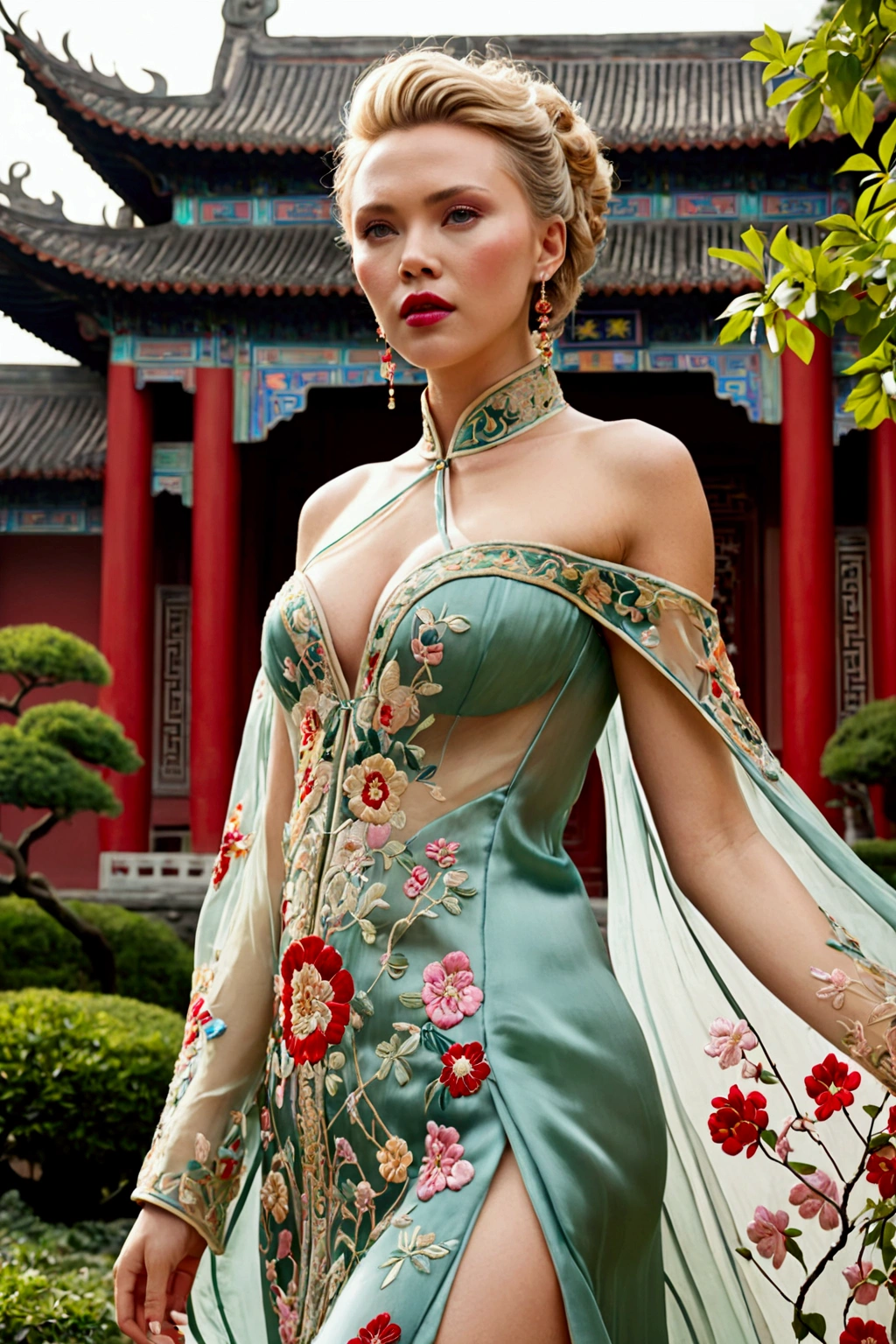 1 woman (Scarlett Johannsson, age 25, intricate silk Chinese dress with lots of embroidery sheer with several large slits, no underwear, traditional hairstyle and Chinese makeup) wandering through a palace garden