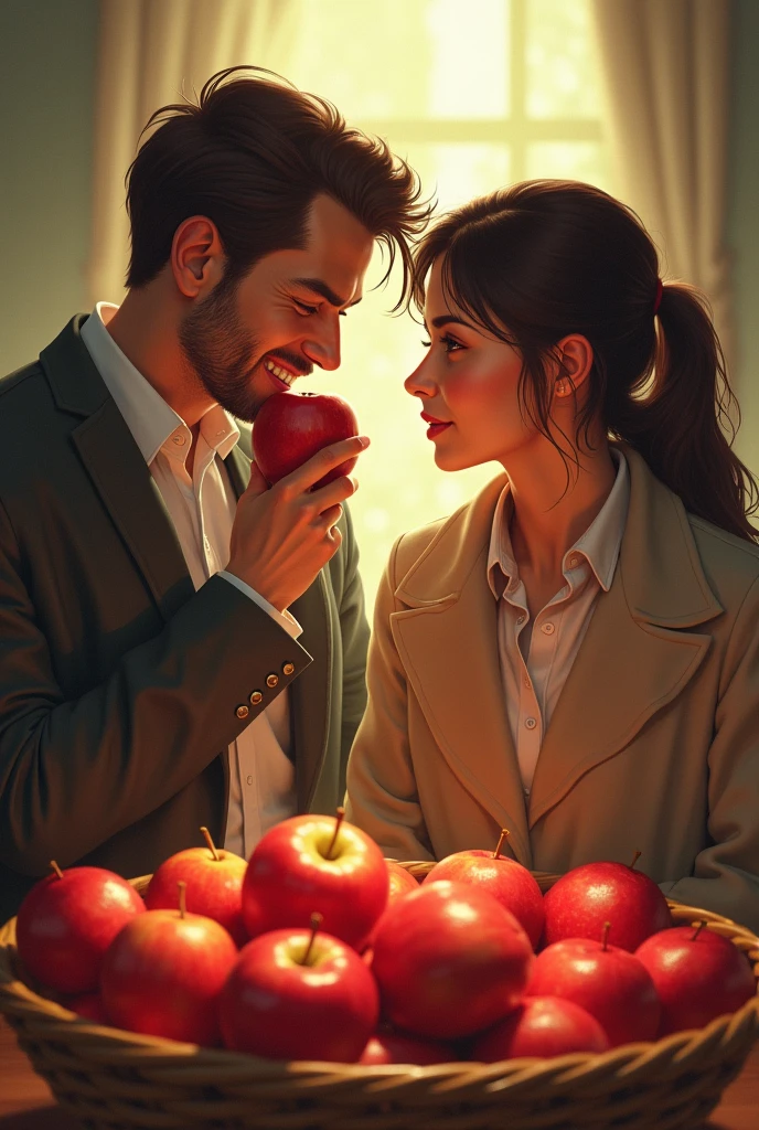 ( portrait man and woman, representing Adam and Eve holding a fruit in hand, biblical illustration, realism, beginning of time,beautiful place, trees, plants, garden, birds, rivers and lakes, silhouette ) , ( epic, realistic), (neutral colors: 1.2), ( hdr:1.4), ( soft colors: 1.2), hyperdetailed, (artstation:1.4 ), (cinematic) (complex detail:1.1) --auto --s2