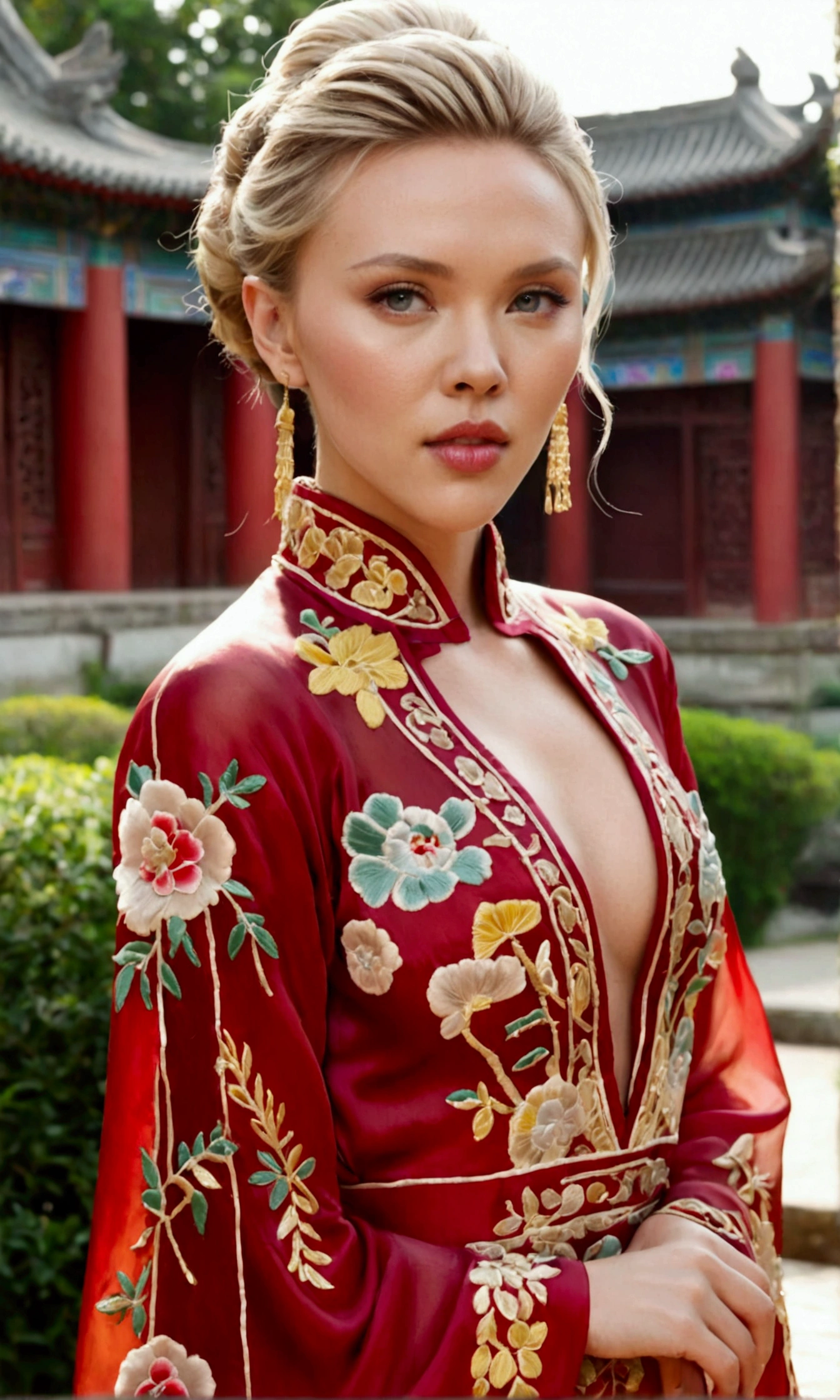 1 woman (Scarlett Johannsson, age 25, intricate silk Chinese dress with lots of embroidery sheer with several large slits, no underwear, traditional hairstyle and Chinese makeup) wandering through a palace garden