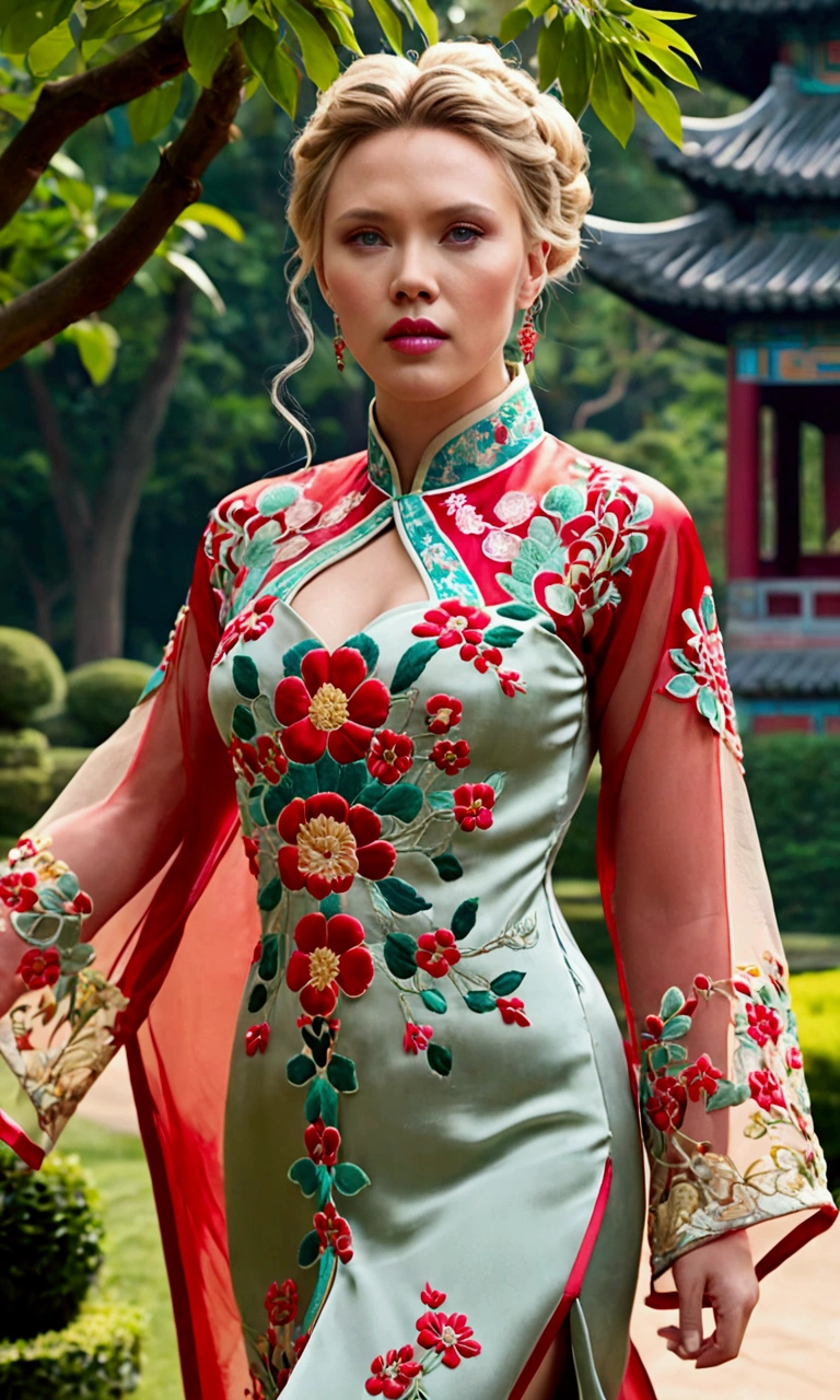1 woman (Scarlett Johannsson, age 25, intricate silk Chinese dress with lots of embroidery sheer with several large slits, no underwear, traditional hairstyle and Chinese makeup) wandering through a palace garden