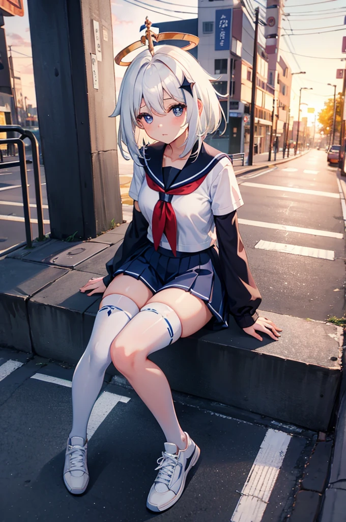 a cute solo girl,paimon gi, single thigh high, thighhighs, halo, hair between eyes ,white hair, medium breast,wearing a japan short sleeve sailor high-school uniform with a blue skirt ,bike shorts, shorts under skirt, black overknee socks ,sneakers , sitting squat sexy pose on the street in a city at sunset time , full body portrait