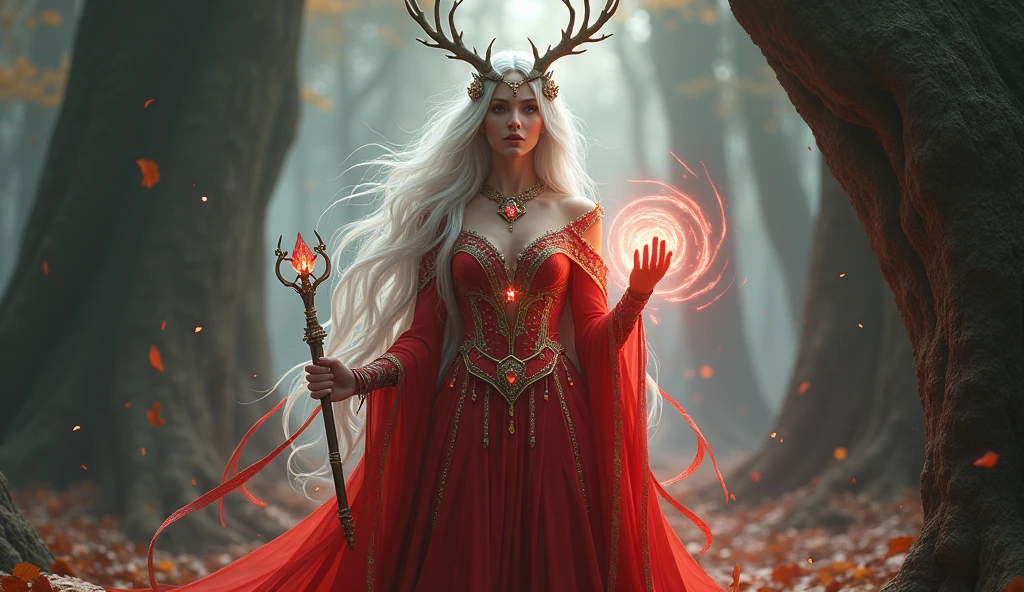 Create a full-body image of a powerful, ethereal forest queen standing majestically at the entrance to an ancient, enchanted grove in an autumnal forest. The character should be fully visible from head to toe, with an impeccable, realistic representation of her face and hands. She has long, flowing white hair and antler-like projections on her head, adorned with delicate, glowing runes that enhance her mystical presence.
Her regal outfit consists of a flowing red gown with intricate gold trim and ornate patterns, emphasizing her majesty and otherworldly nature. The gown has elongated, tail-like extensions that radiate outward, adding to her mystical aura. She wears a crown made of intertwined vines and sparkling crystals, underscoring her deep connection to nature. Around her neck and wrists are elegant, glittering jewels that vibrate with a soft red light, perfectly complementing her gown.
In her left hand, she holds a magic wand topped with a radiant ruby, and her right hand emits a swirling red light that interacts with the environment, creating intricate patterns of magical energy. Her hands are carefully detailed, with lifelike textures and delicate gestures that convey her commanding presence.
The setting is an enchanted forest with towering gray trees, softly illuminated by a magical light. She stands at the entrance to an ancient grove, surrounded by fallen leaves and an enchanted mist swirling around her feet. Her eyes glow with an intense red light, further enhancing her powerful, mysterious aura. The atmosphere blends serene yet powerful beauty with the mystical elements of nature, capturing the ethereal presence of the figure. The composition is cinematic, ensuring a full-body view with a focus on flawless details, trending on ArtStation.